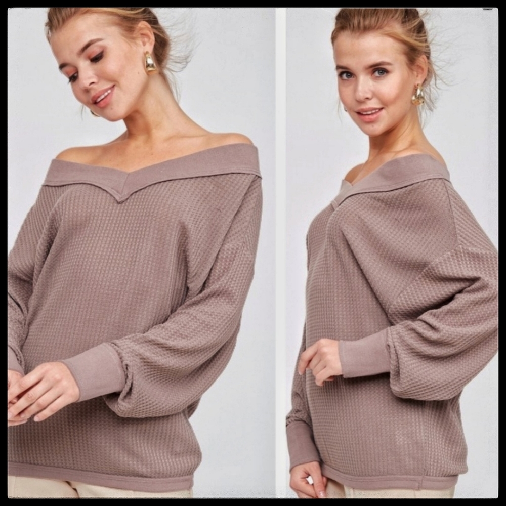 V-Neck Pullover, Thermal, Mocha, NWT